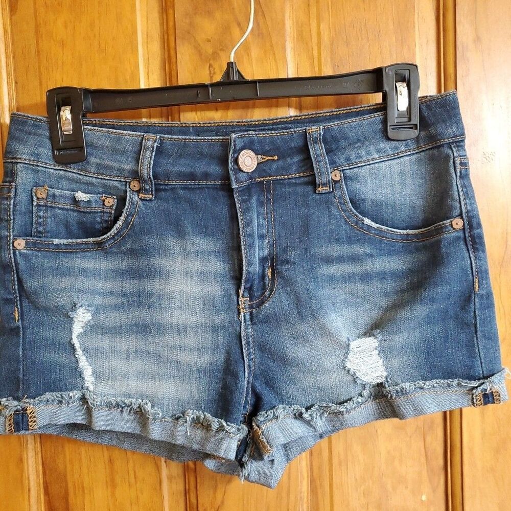 Indigo Rein 5/26 Denim Shorts Womens Blue Distressed Frayed Hem Jean Shorts SEO